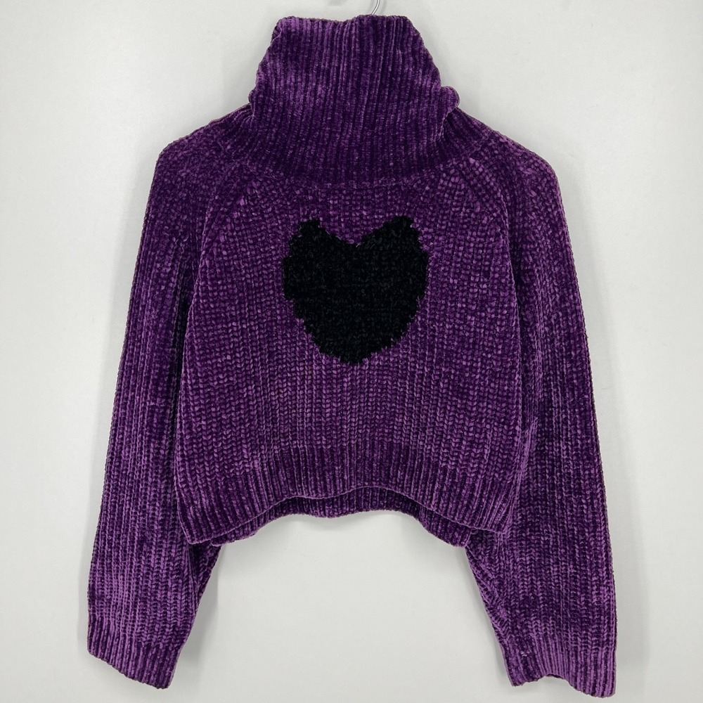 Lazy Oaf Knit Sweater Women's Size‎ S Purple Mock Neck Heart Logo Polyester
